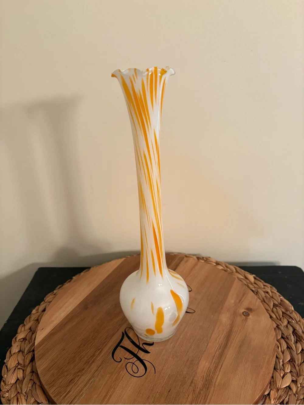 Hand-Blown White Glass Bud Vase with Warm Yellow Swirl